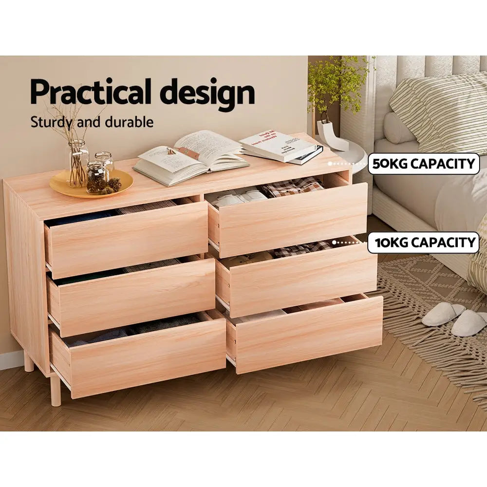 Artiss 6 Chest of Drawers Dresser Table Tallboy Storage Bedroom Pine - Furniture > Bedroom