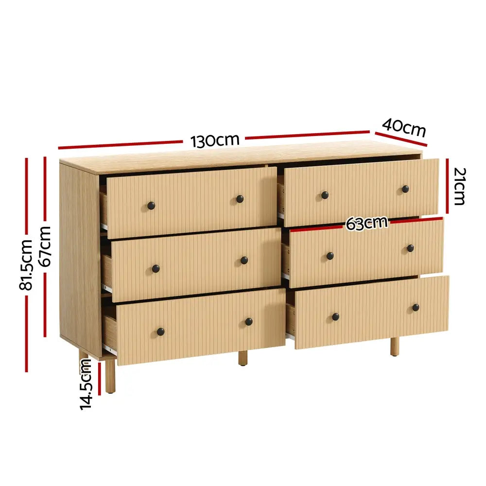 Artiss 6 Chest of Drawers Flutted Front - RUTH Oak - Furniture > Bedroom
