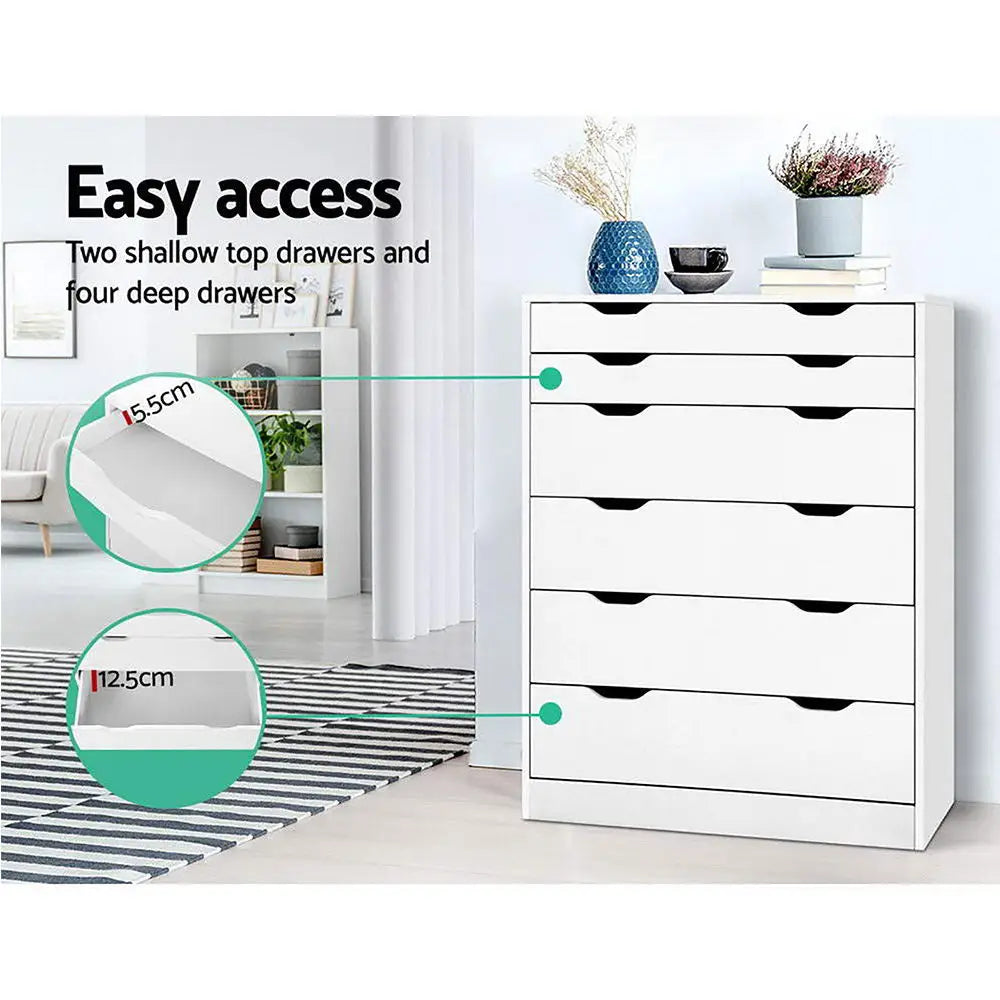 Artiss 6 Chest of Drawers - MYLA White - Furniture > Bedroom