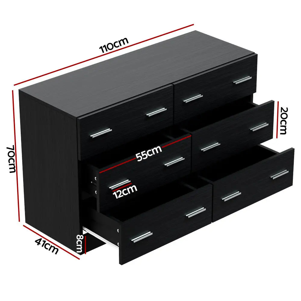 Artiss 6 Chest of Drawers - VEDA Black - Furniture > Bedroom > Dressers