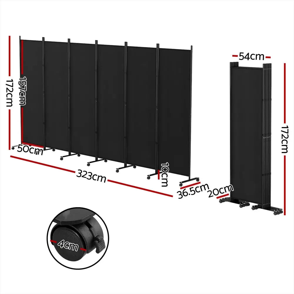 Artiss 6 Panel Room Divider Screen 323cm Wheel Fabric Black - Furniture > Bedroom > Room Dividers