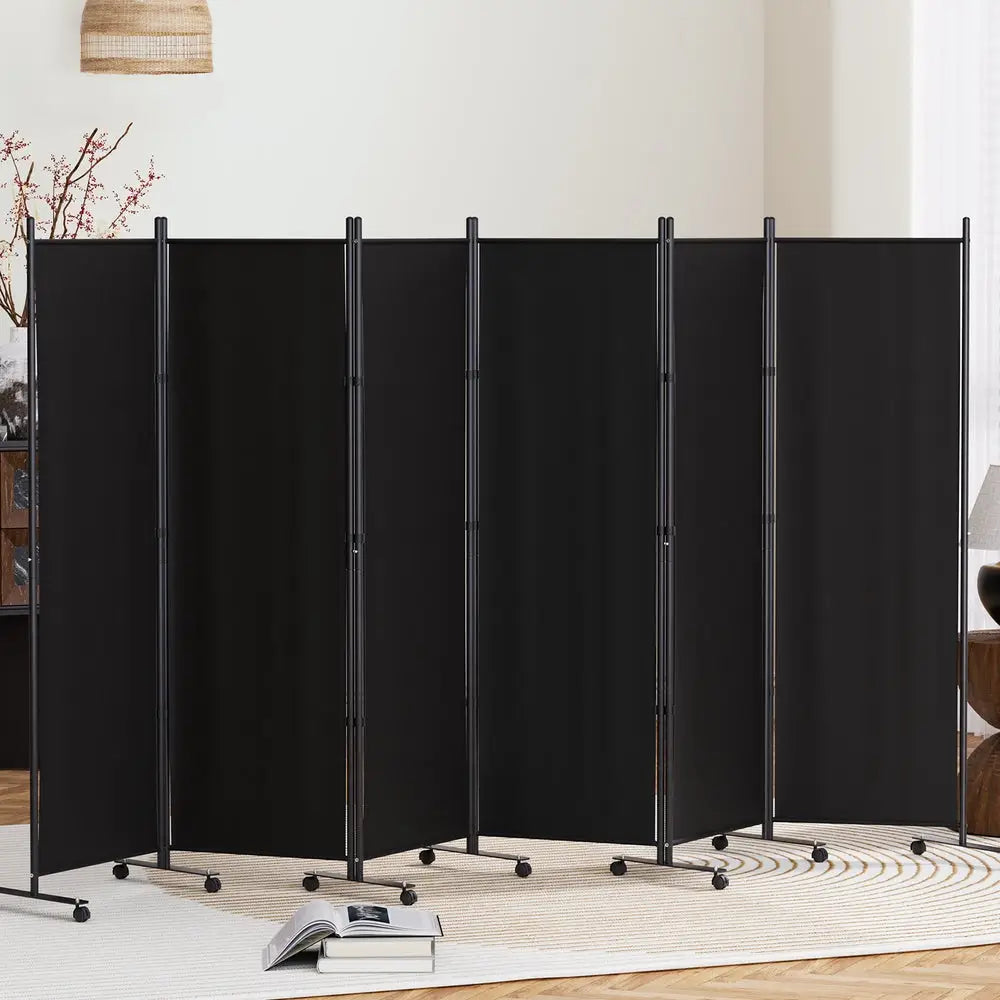Artiss 6 Panel Room Divider Screen 323cm Wheel Fabric Black - Furniture > Bedroom > Room Dividers