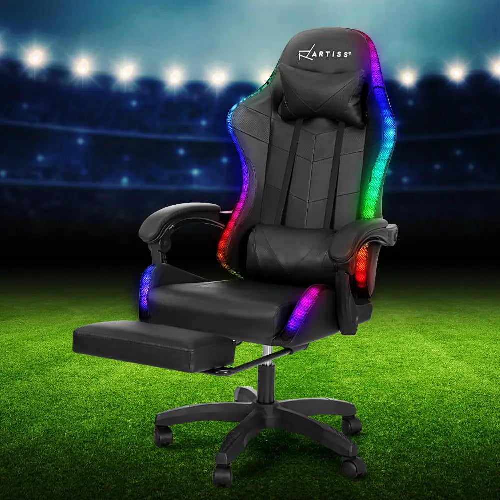 Artiss 6 Point Massage Gaming Office Chair 7 LED Footrest Black - Furniture > Office