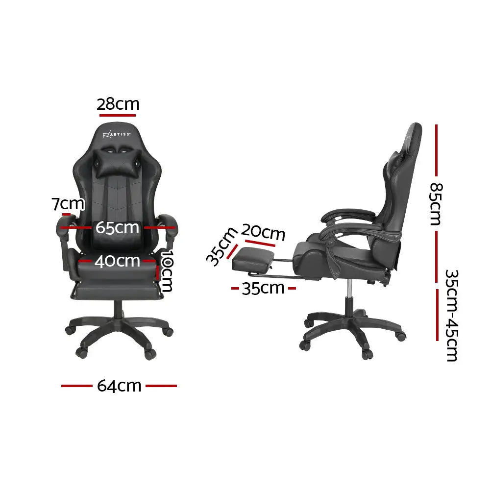 Artiss 6 Point Massage Gaming Office Chair 7 LED Footrest Black - Furniture > Office