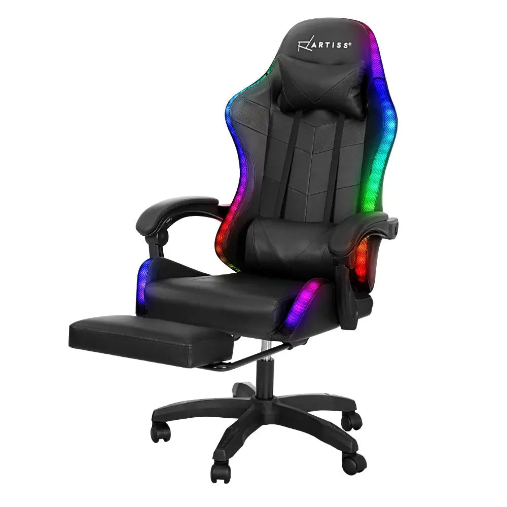 Artiss 6 Point Massage Gaming Office Chair 7 LED Footrest Black - Furniture > Office