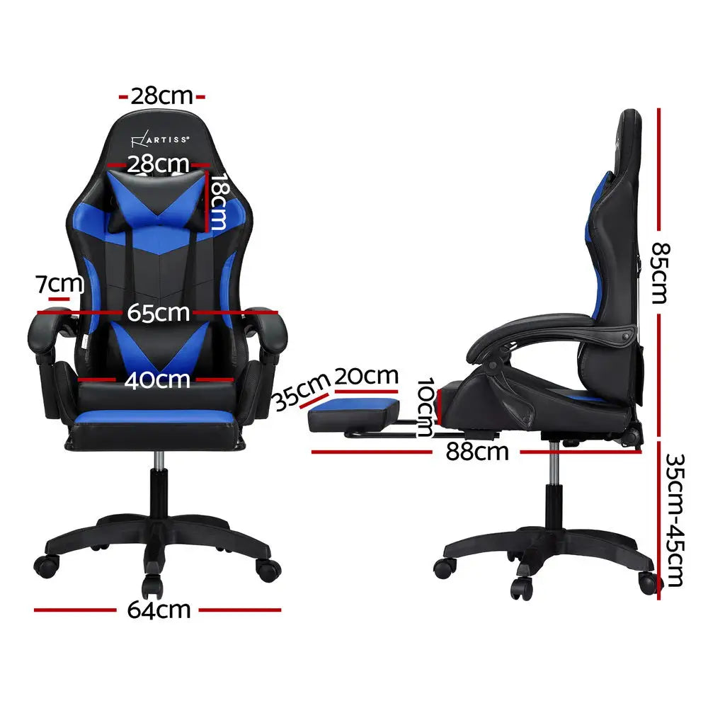 Artiss 6 Point Massage Gaming Office Chair 7 LED Footrest Blue - Furniture > Bar Stools & Chairs
