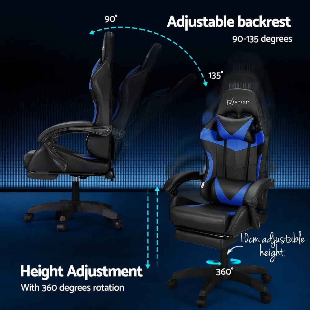 Artiss 6 Point Massage Gaming Office Chair 7 LED Footrest Blue - Furniture > Bar Stools & Chairs