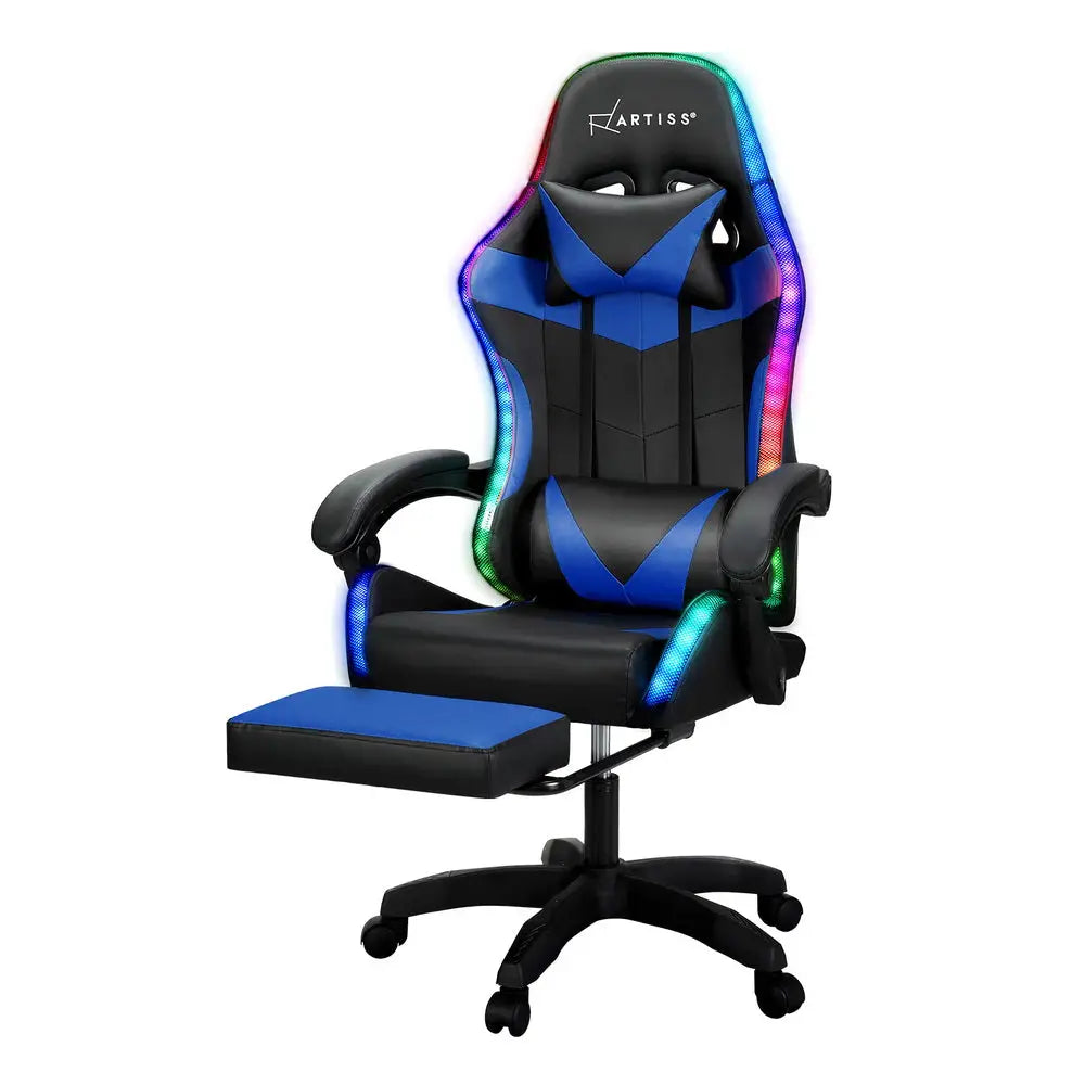 Artiss 6 Point Massage Gaming Office Chair 7 LED Footrest Blue - Furniture > Bar Stools & Chairs