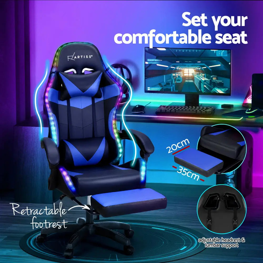 Artiss 6 Point Massage Gaming Office Chair 7 LED Footrest Blue - Furniture > Bar Stools & Chairs