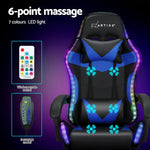 Artiss 6 Point Massage Gaming Office Chair 7 LED Footrest Blue - Furniture > Bar Stools & Chairs
