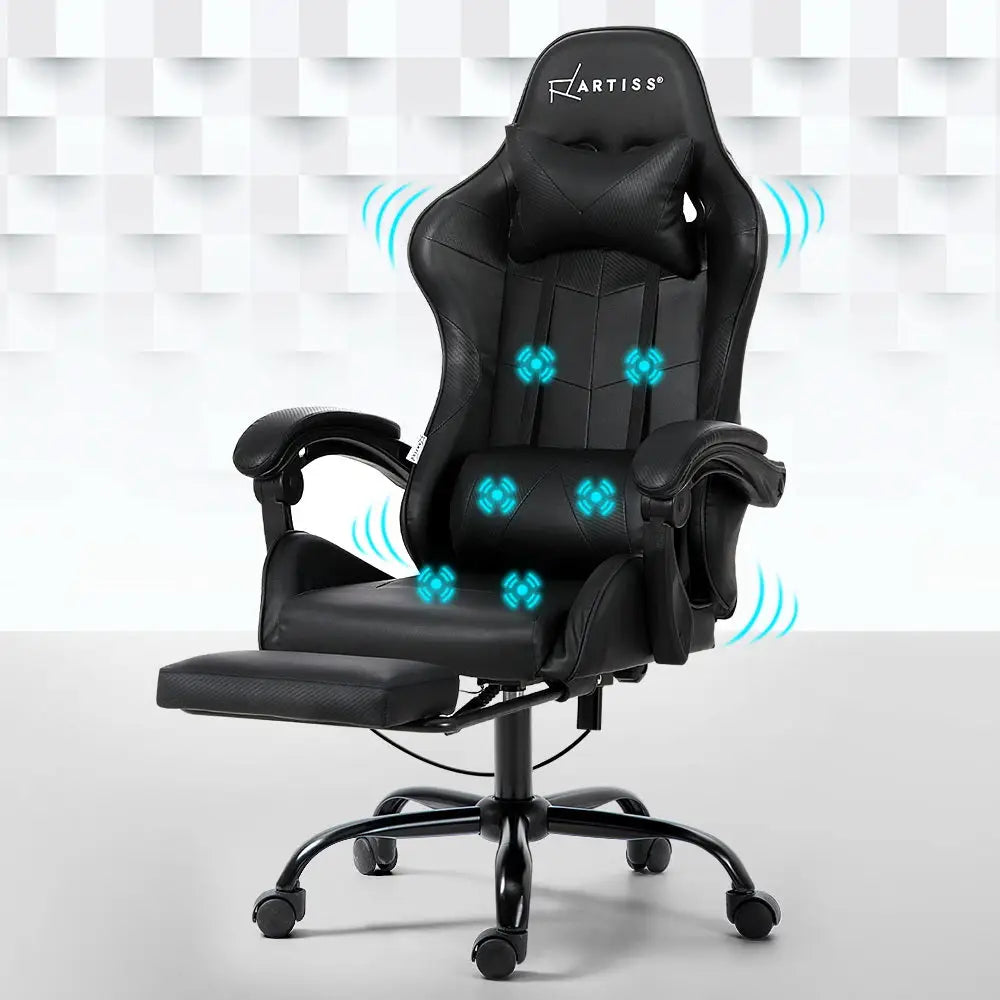 Artiss 6 Point Massage Gaming Office Chair Footrest Black - Furniture > Office