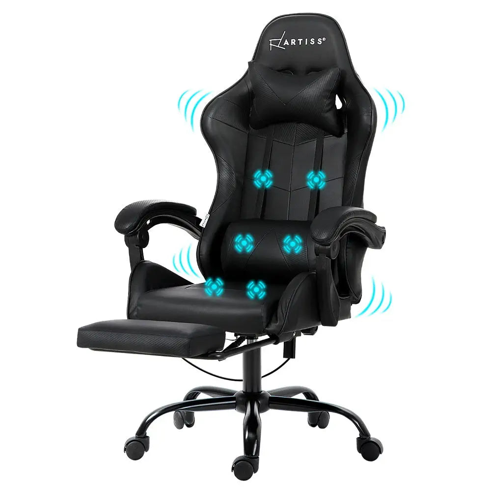 Artiss 6 Point Massage Gaming Office Chair Footrest Black - Furniture > Office