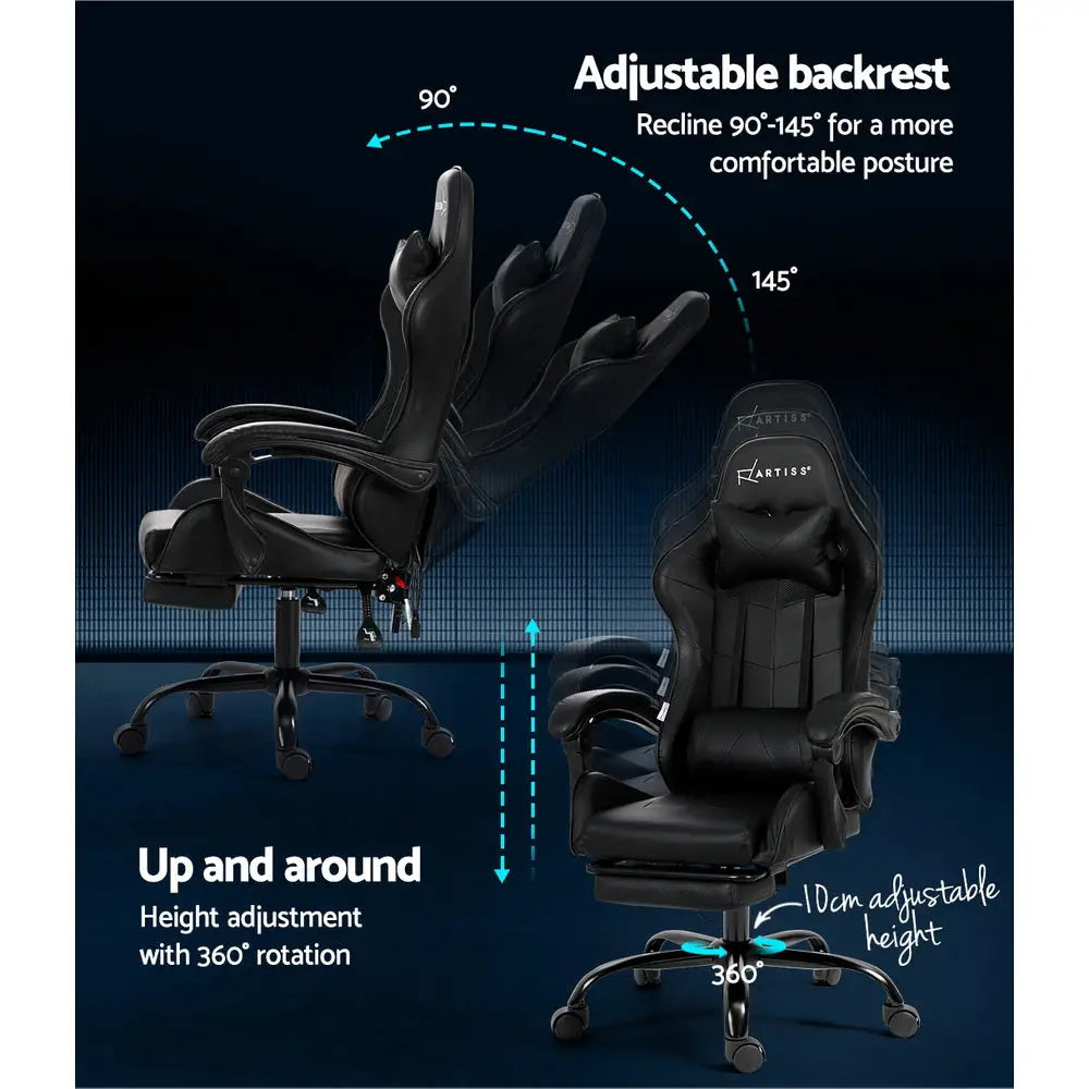 Artiss 6 Point Massage Gaming Office Chair Footrest Black - Furniture > Office