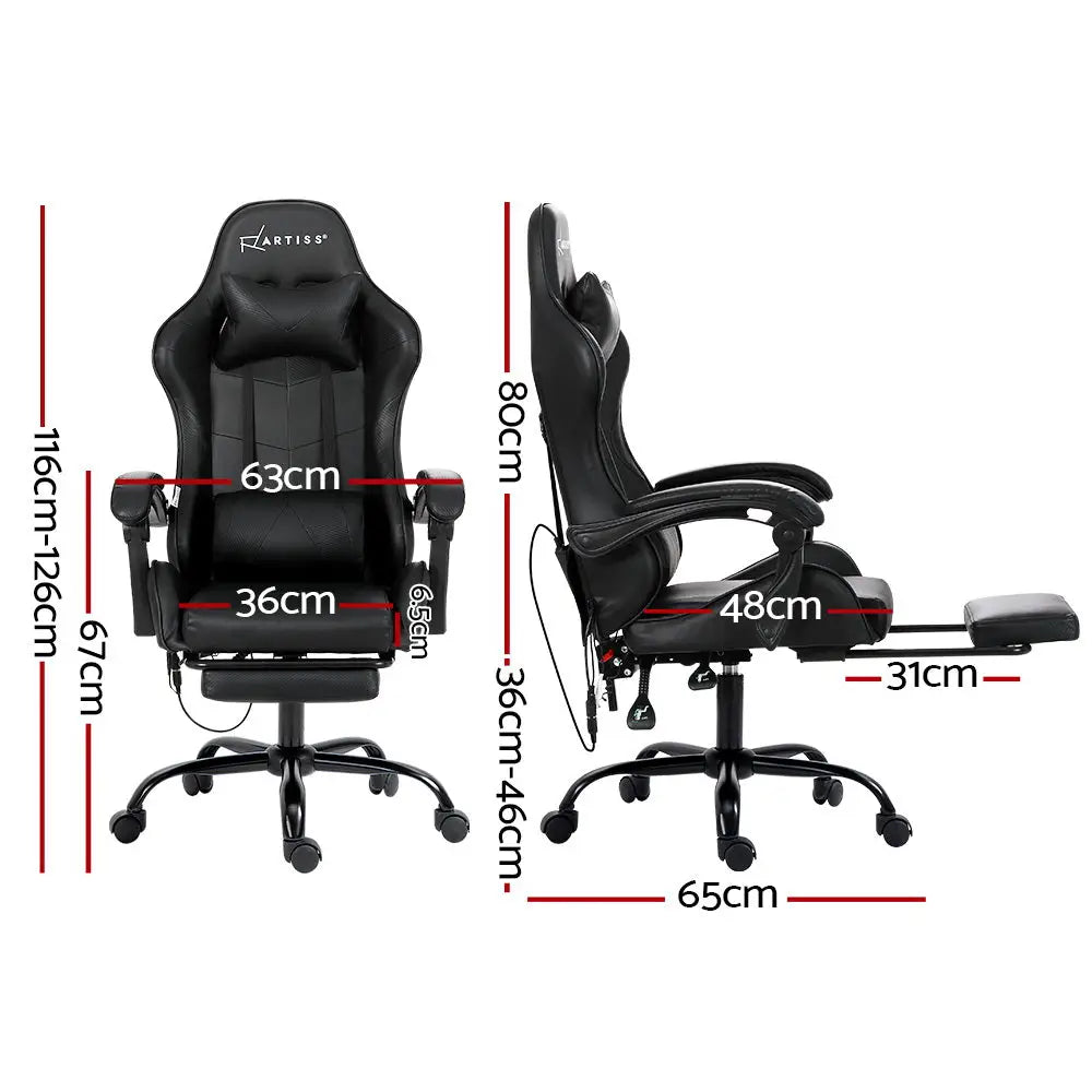 Artiss 6 Point Massage Gaming Office Chair Footrest Black - Furniture > Office