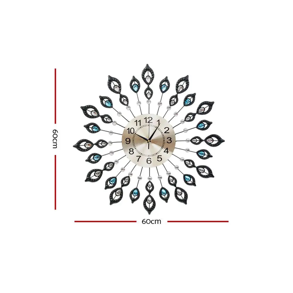 Artiss 60cm Wall Clock Large 3D Peacock Crystal Silver - Home & Garden > Decor > Clocks