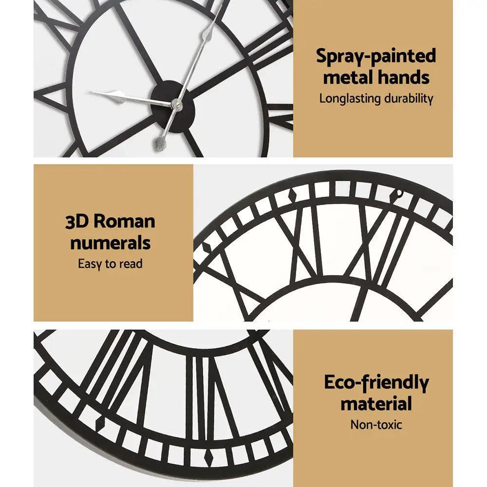 Artiss 60cm Wall Clock Large Roman Numerals Metal Black - Home & Garden > Decor > Clocks