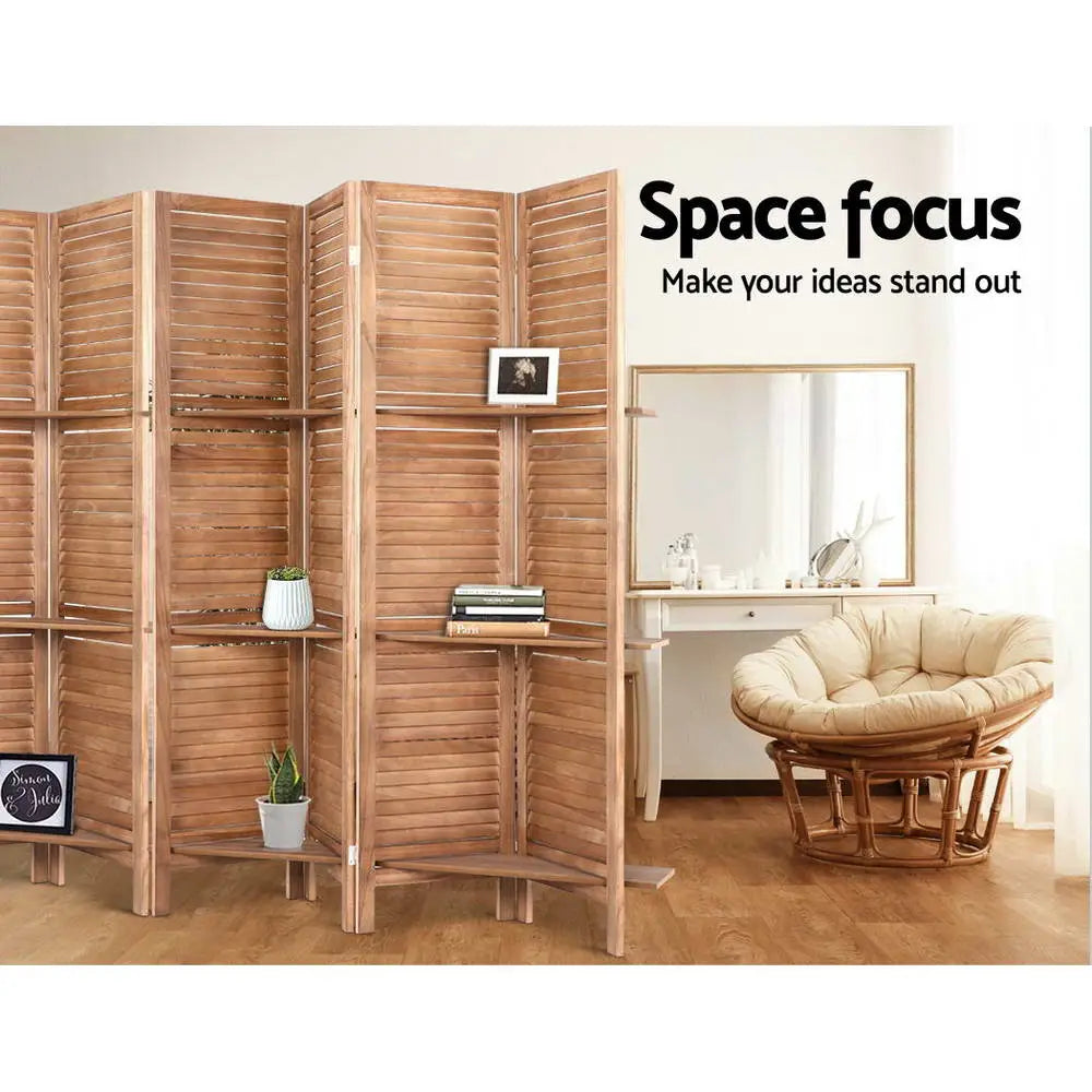 Artiss 8 Panel Room Divider Screen 326x170cm Shelf Oak - Furniture > Living Room