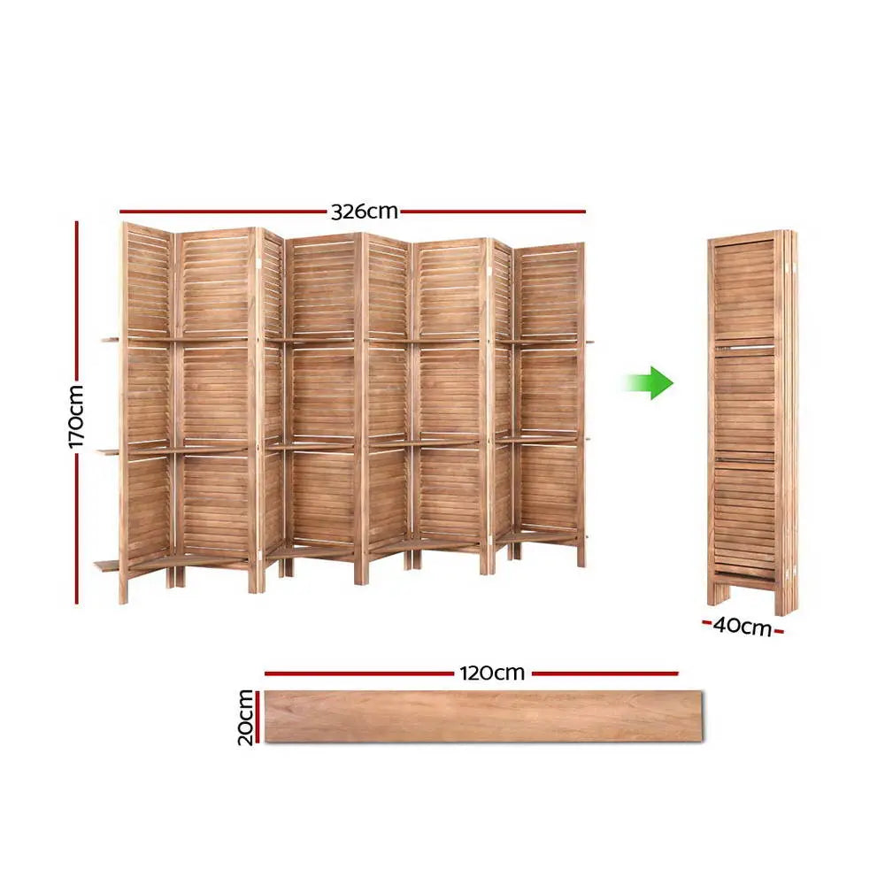 Artiss 8 Panel Room Divider Screen 326x170cm Shelf Oak - Furniture > Living Room