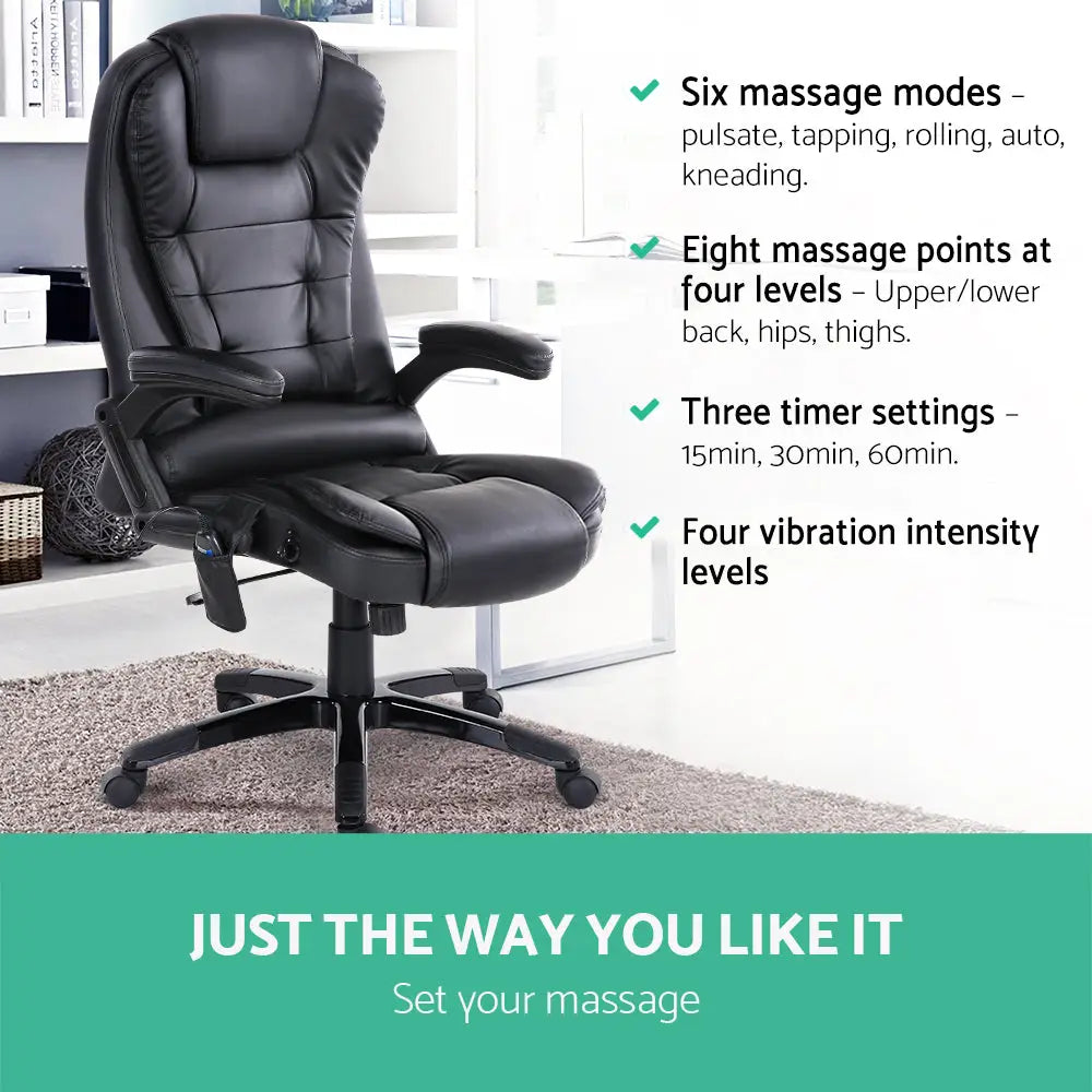 Artiss 8 Point Massage Office Chair Heated Seat Recliner PU Black - Furniture > Office