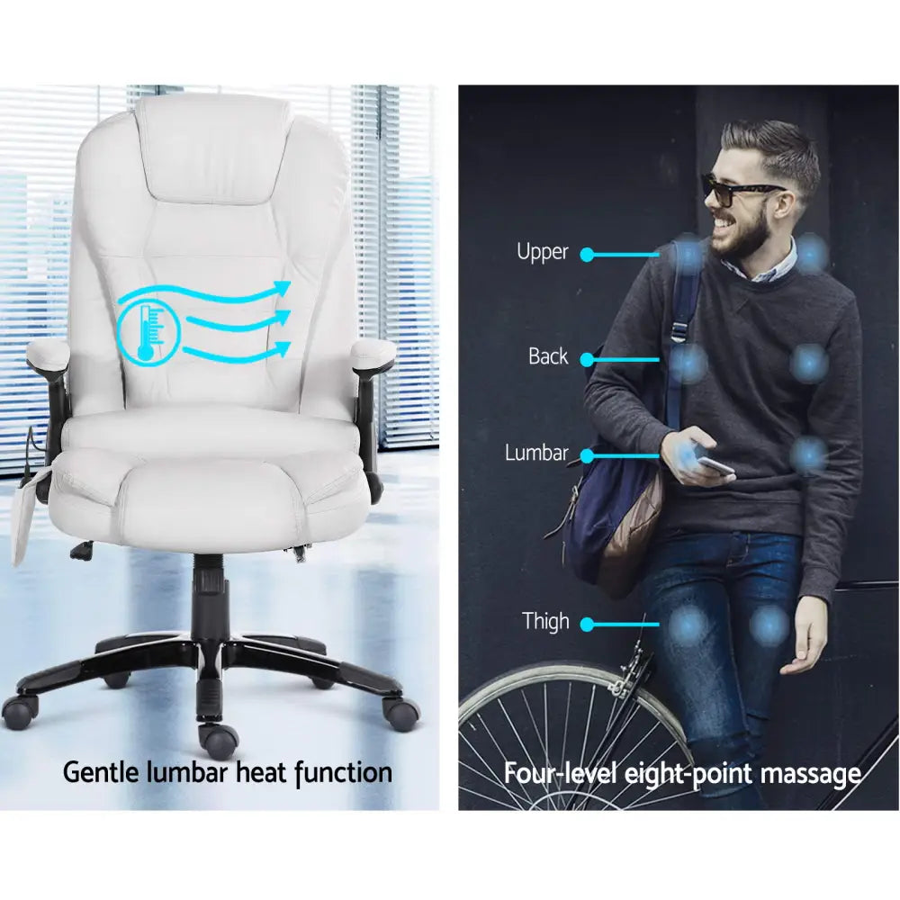 Artiss 8 Point Massage Office Chair Heated Seat Recliner PU White - Furniture > Office