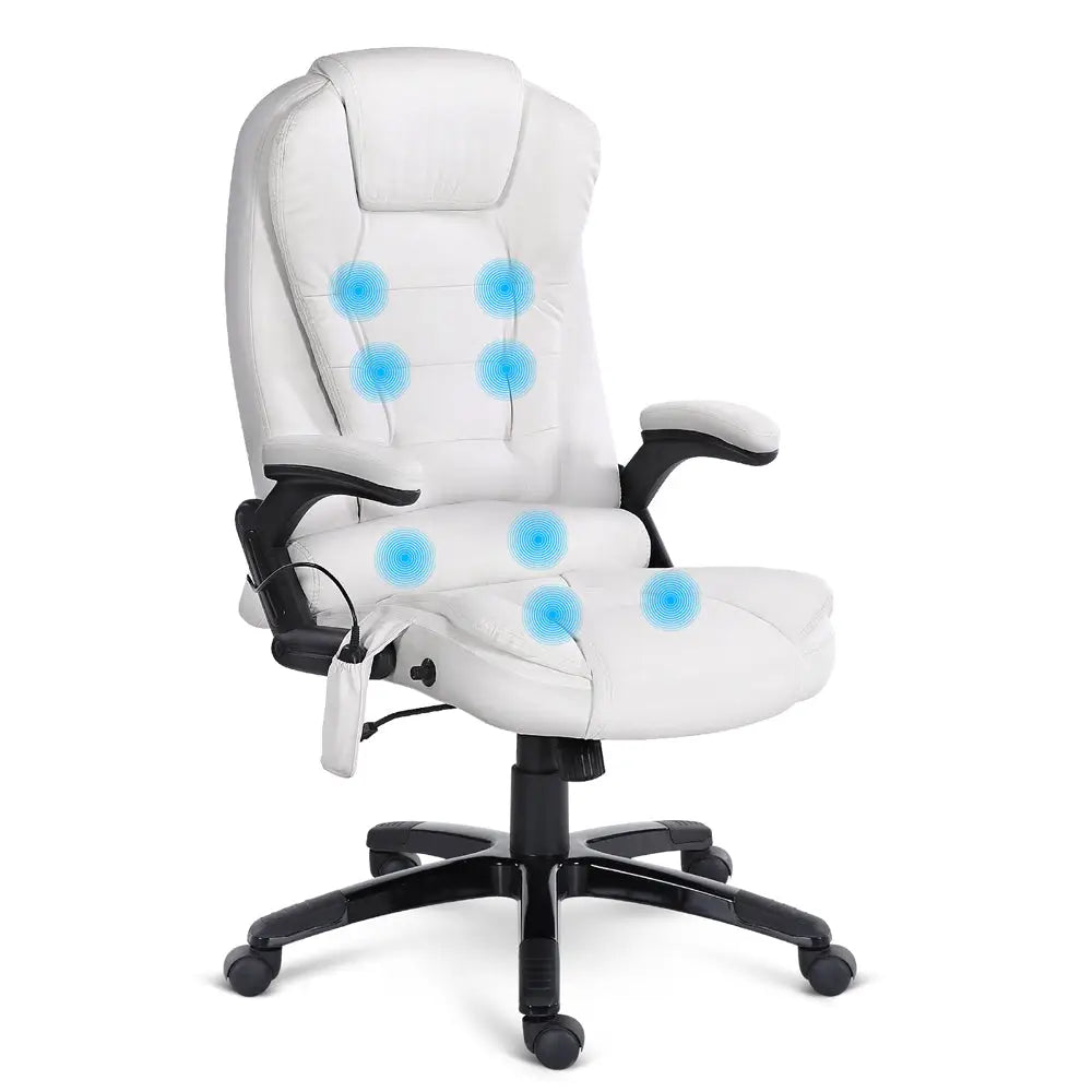 Artiss 8 Point Massage Office Chair Heated Seat Recliner PU White - Furniture > Office