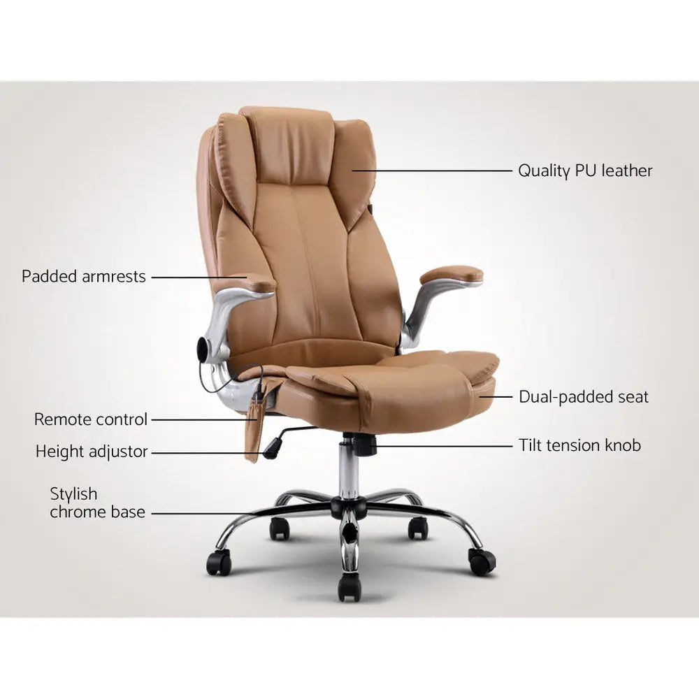 Artiss 8 Point Massage Office Chair PU Leather Espresso - Furniture > Bar Stools & Chairs > Massage Chairs