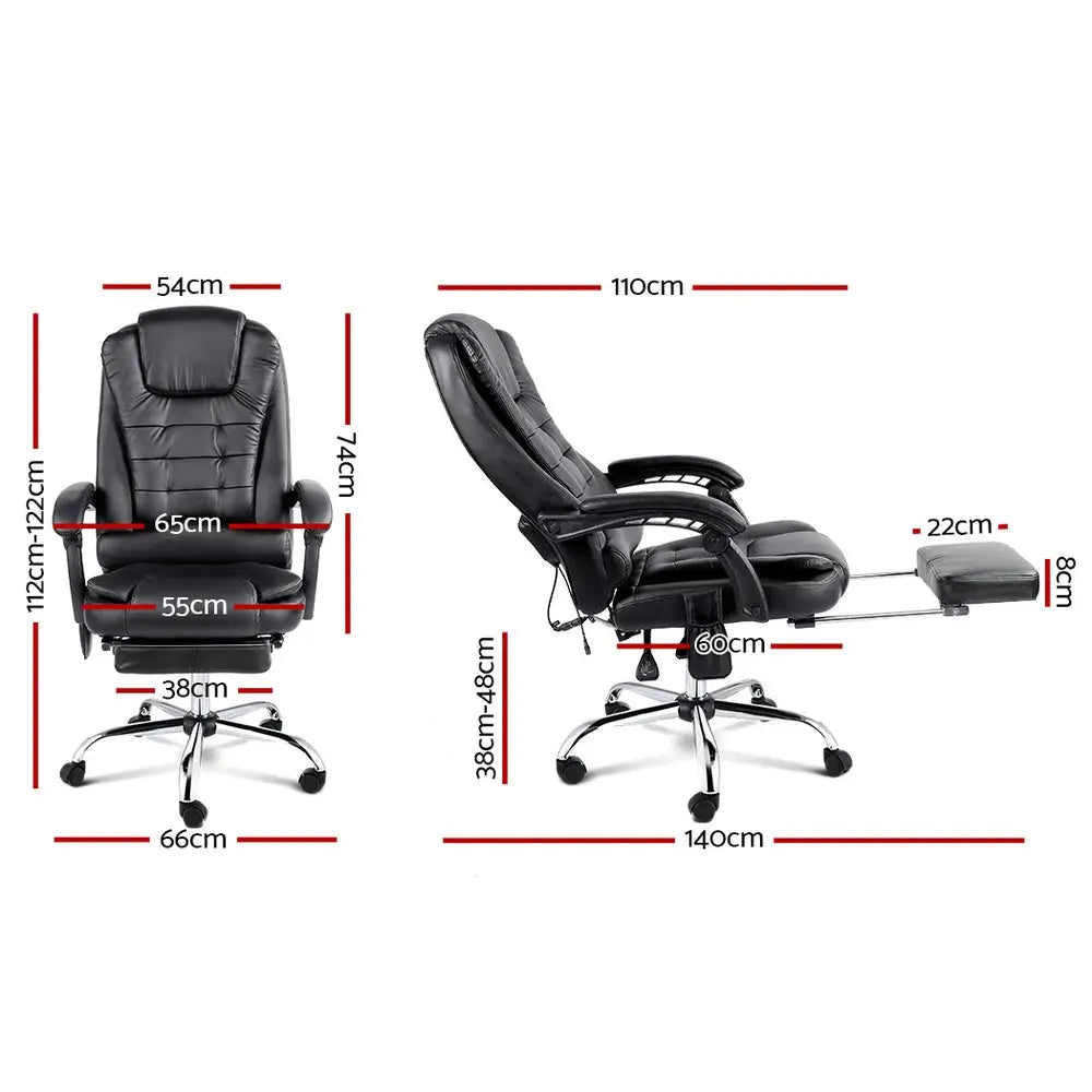 Artiss 8 Point Massage Office Chair PU Leather Footrest Black - Furniture > Office
