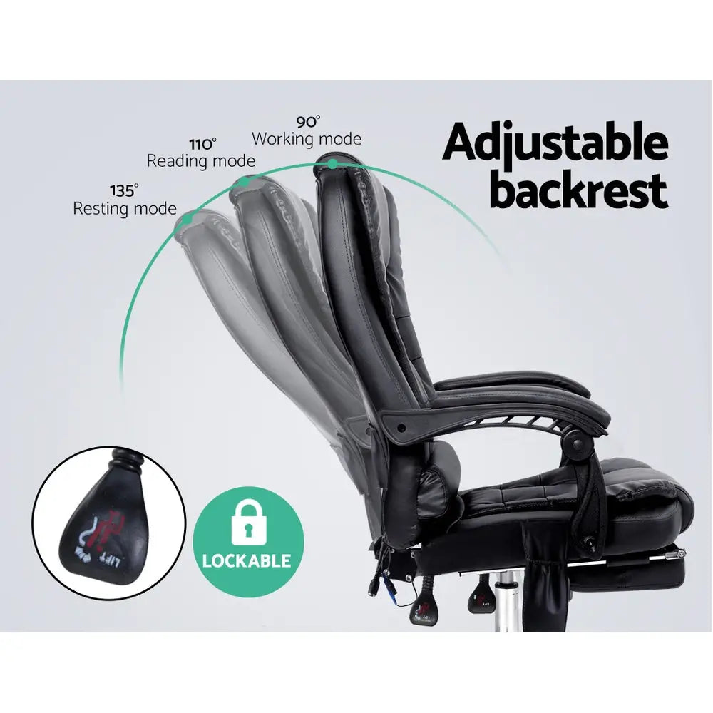 Artiss 8 Point Massage Office Chair PU Leather Footrest Black - Furniture > Office
