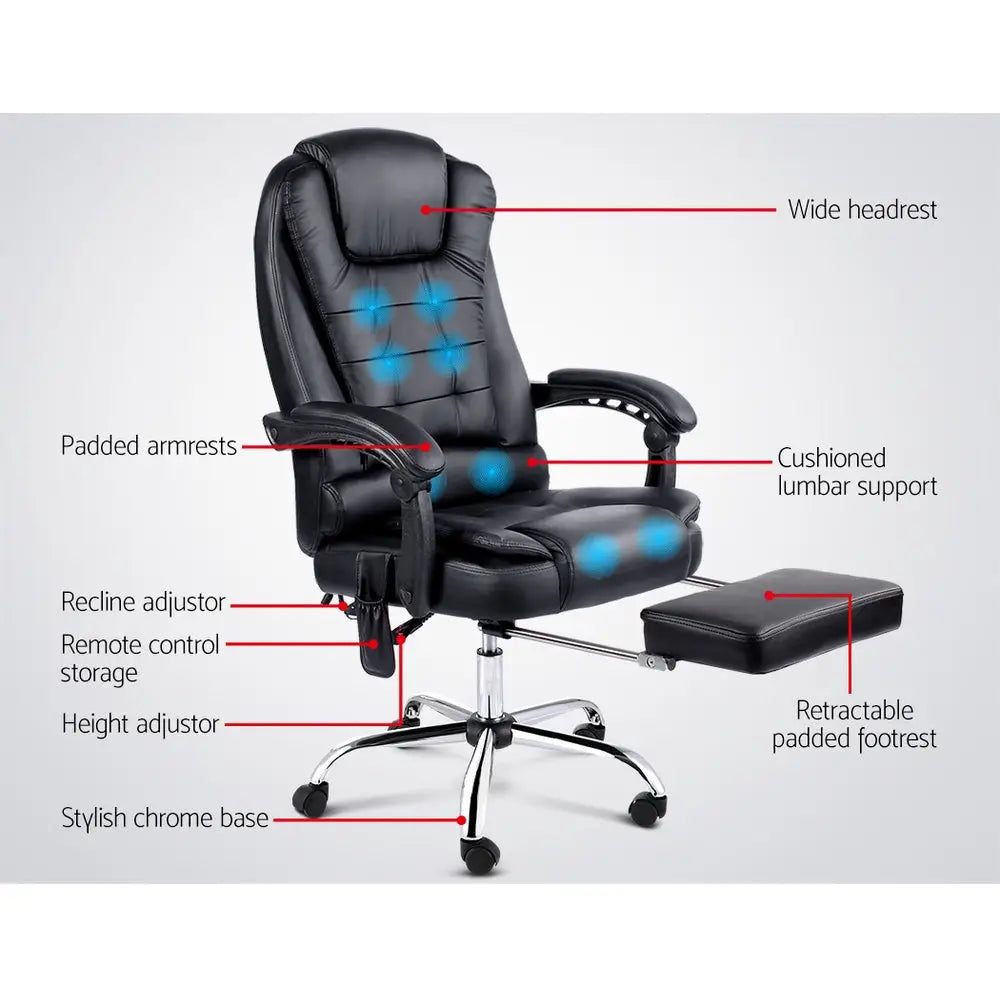 Artiss 8 Point Massage Office Chair PU Leather Footrest Black - Furniture > Office