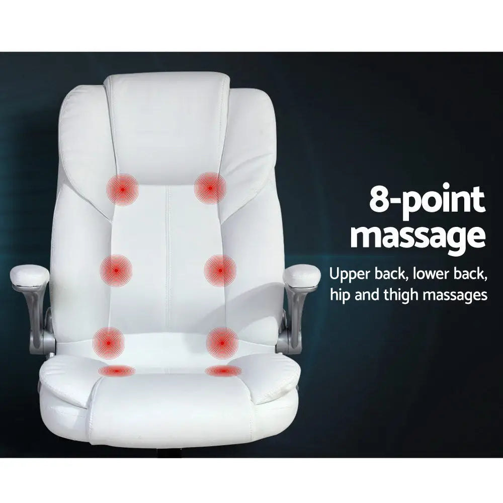 Artiss 8 Point Massage Office Chair PU Leather White - Furniture > Bar Stools & Chairs > Massage Chairs