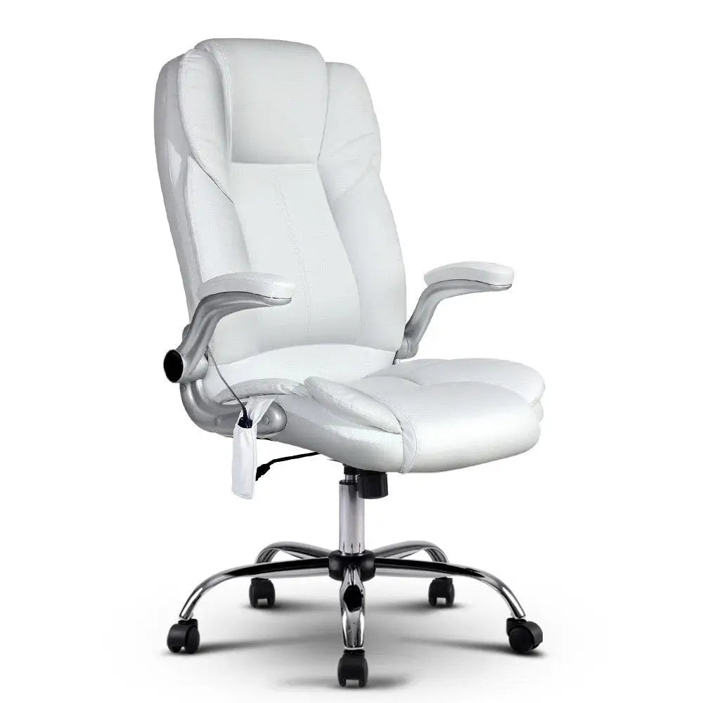 Artiss 8 Point Massage Office Chair PU Leather White - Furniture > Bar Stools & Chairs > Massage Chairs