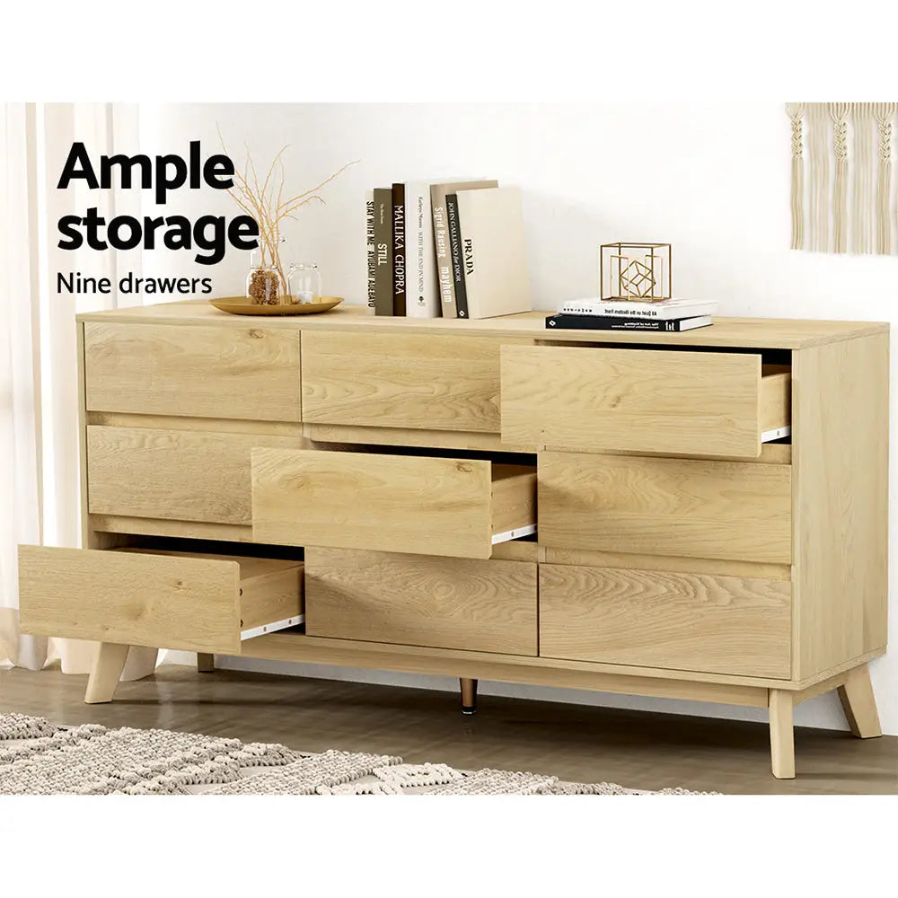 Artiss 9 Chest of Drawers Dresser Table Tallboy Storage Bedroom Oak - Furniture > Bedroom