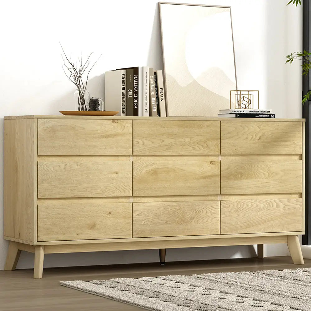 Artiss 9 Chest of Drawers Dresser Table Tallboy Storage Bedroom Oak - Furniture > Bedroom