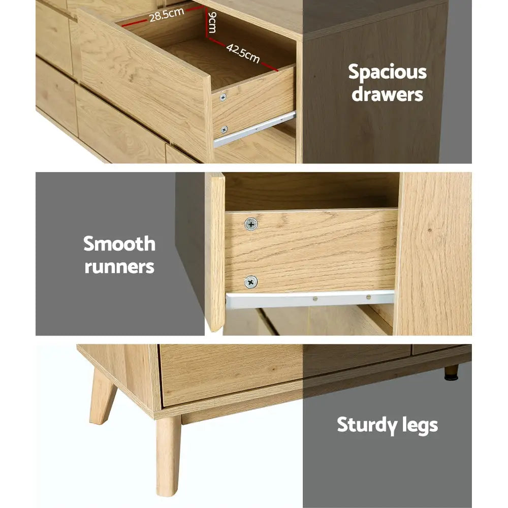 Artiss 9 Chest of Drawers Dresser Table Tallboy Storage Bedroom Oak - Furniture > Bedroom