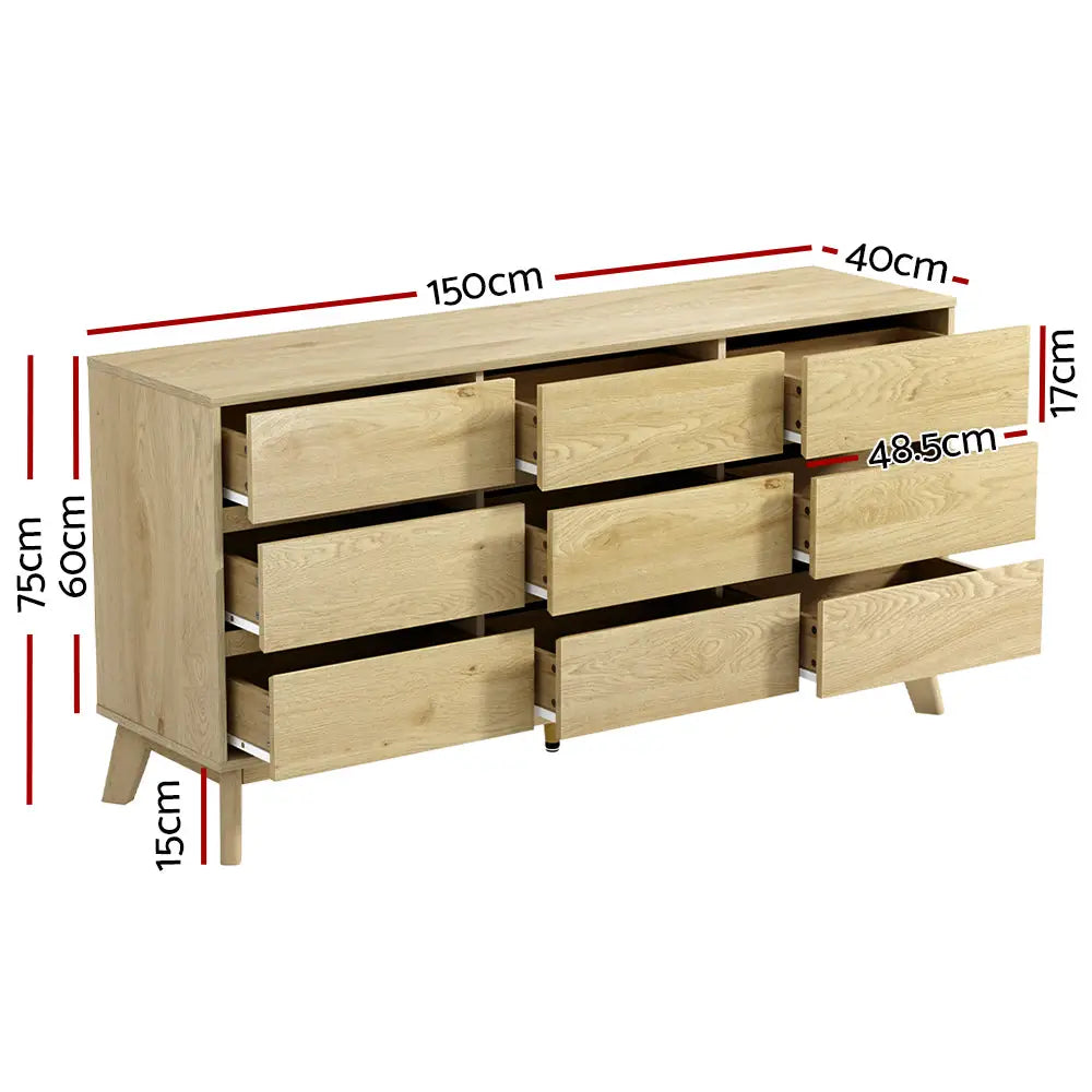 Artiss 9 Chest of Drawers Dresser Table Tallboy Storage Bedroom Oak - Furniture > Bedroom