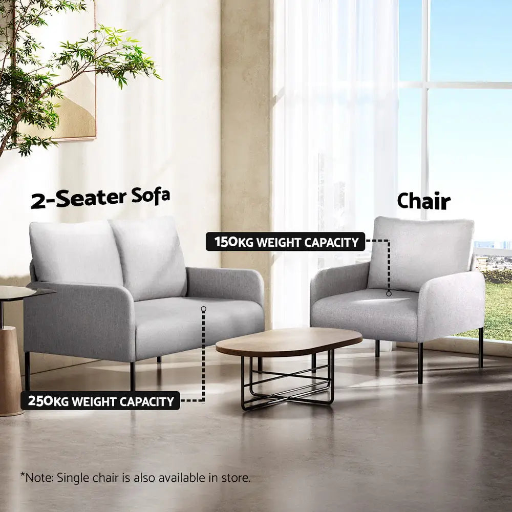 Artiss Armchair 2-Seater Sofa Accent Chair Loveseat Grey Linen Fabric Metal Leg - Furniture > Bar Stools & Chairs