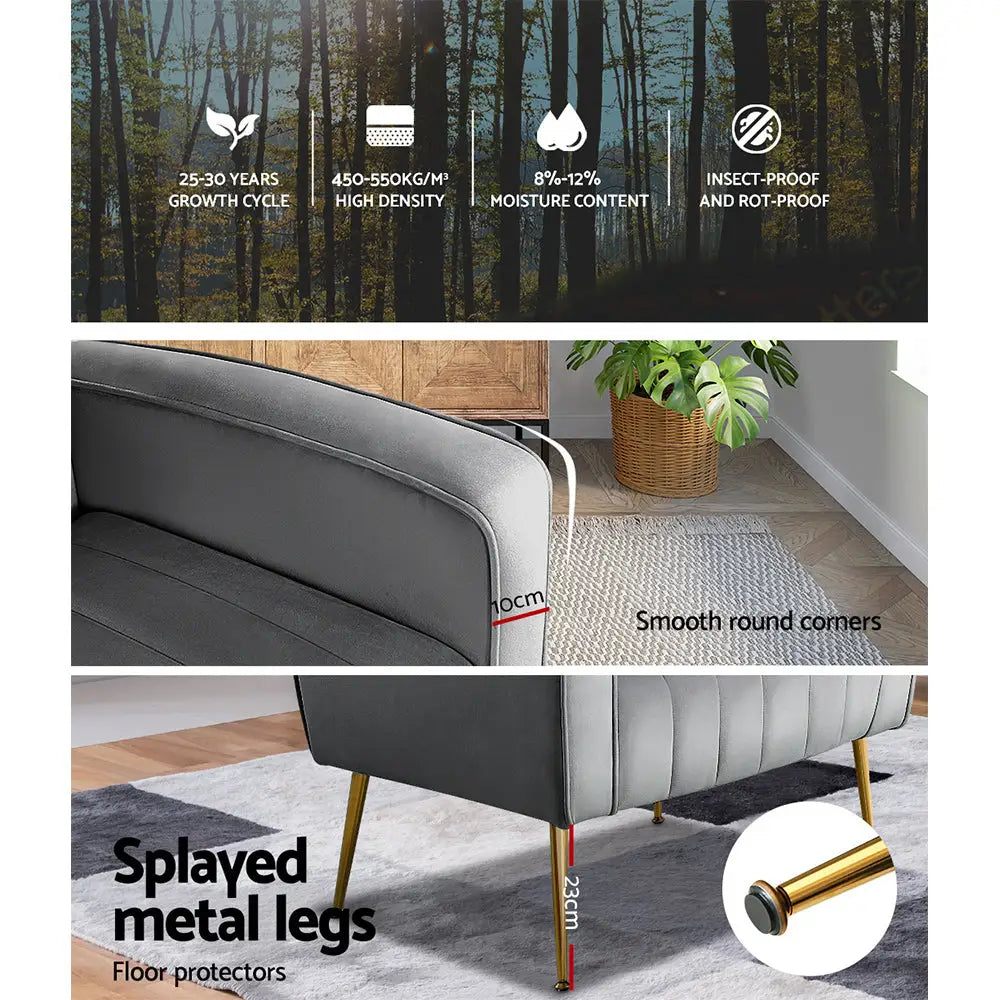 Artiss Armchair Grey Velvet Kate - Furniture > Living Room