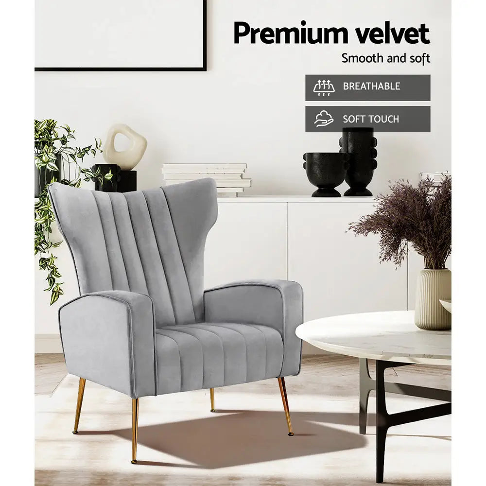 Artiss Armchair Grey Velvet Kate - Furniture > Living Room