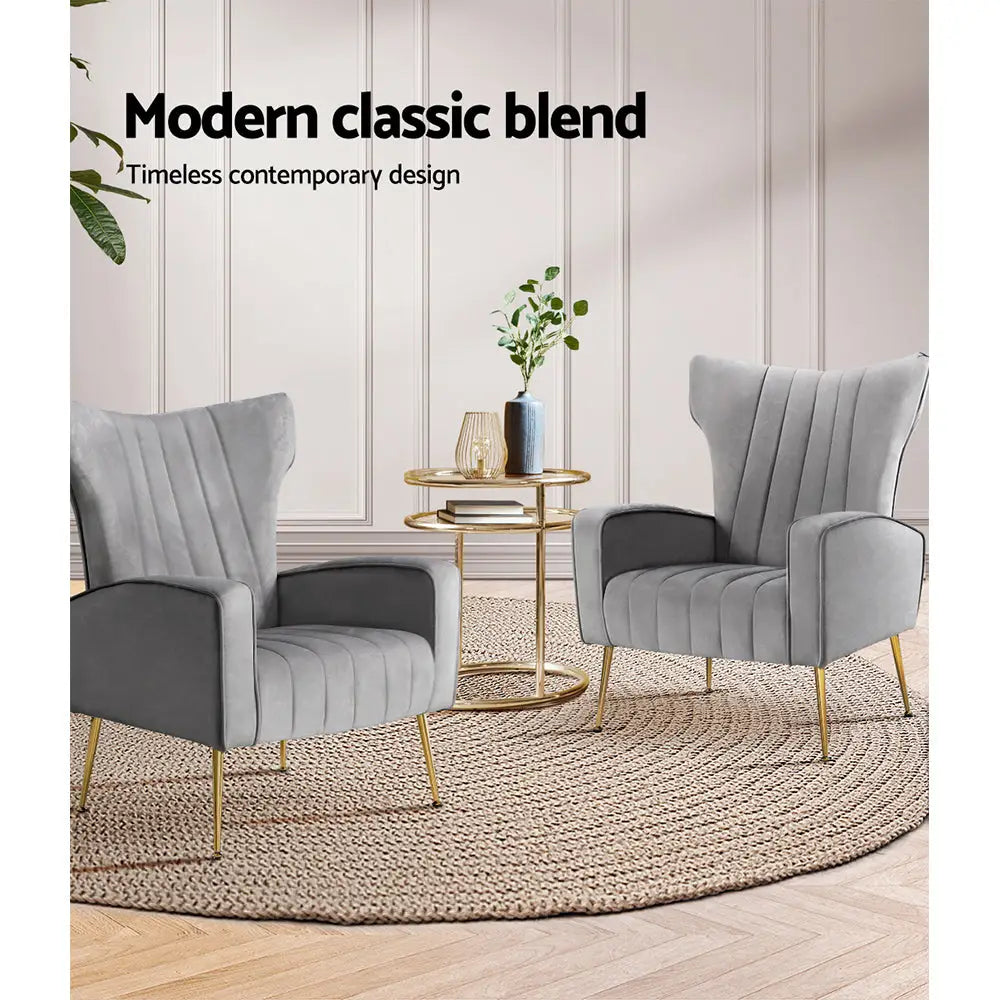 Artiss Armchair Grey Velvet Kate - Furniture > Living Room