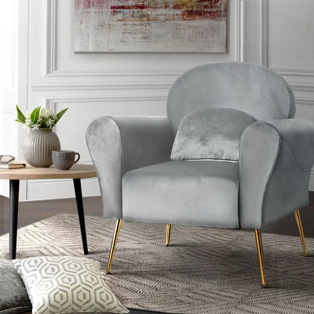 Artiss Armchair Lounge Chair Accent Armchairs Chairs Sofa Grey Velvet Cushion - Furniture > Living Room