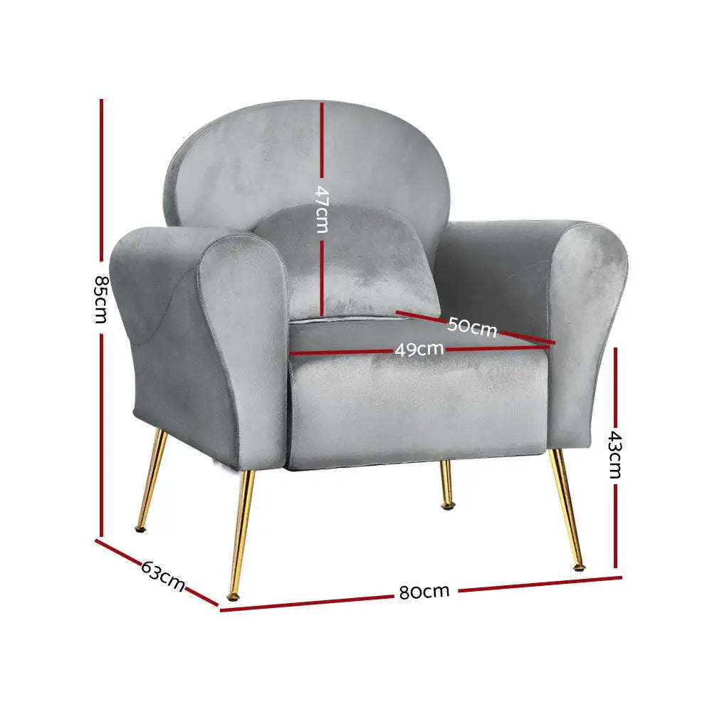 Artiss Armchair Lounge Chair Accent Armchairs Chairs Sofa Grey Velvet Cushion - Furniture > Living Room