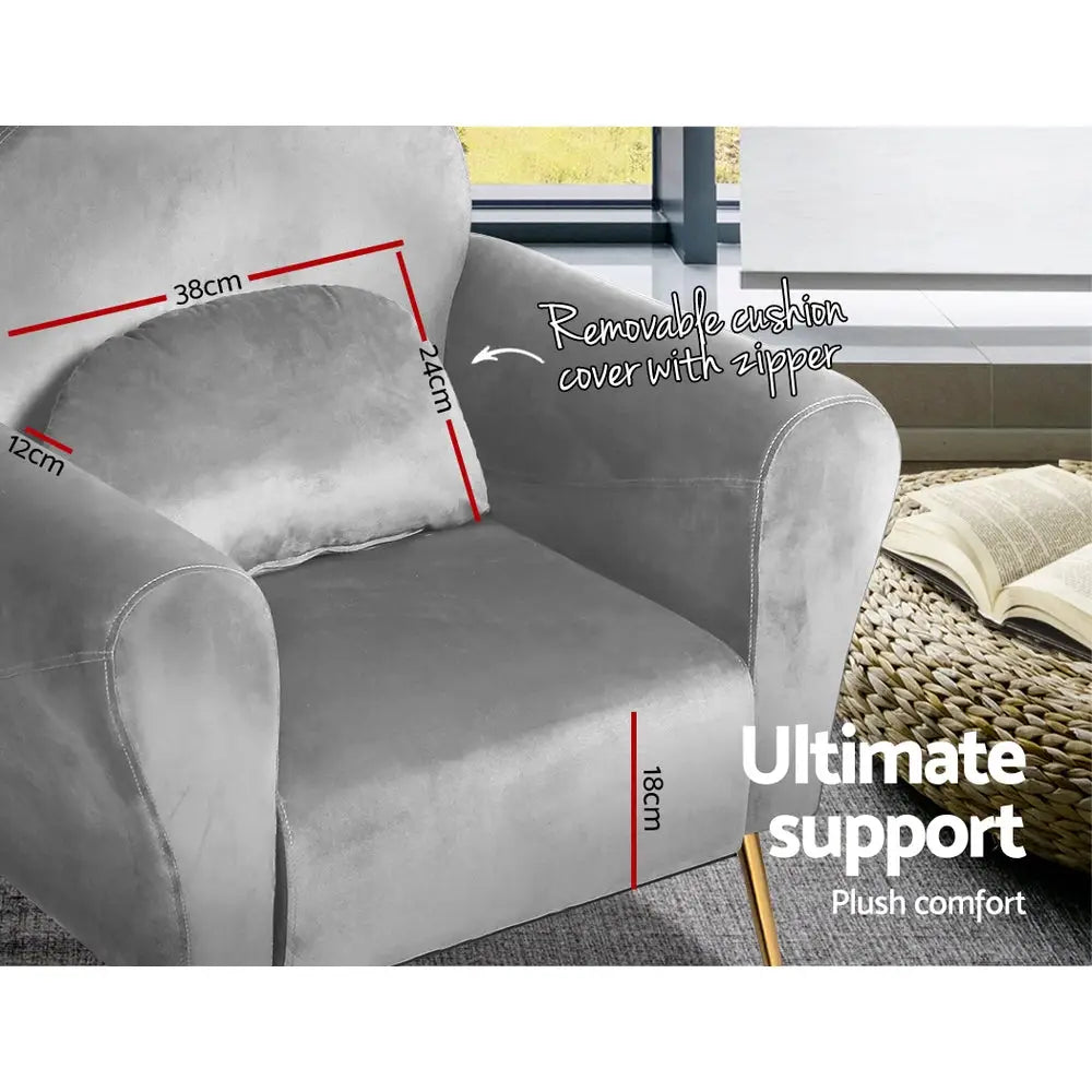Artiss Armchair Lounge Chair Accent Armchairs Chairs Sofa Grey Velvet Cushion - Furniture > Living Room