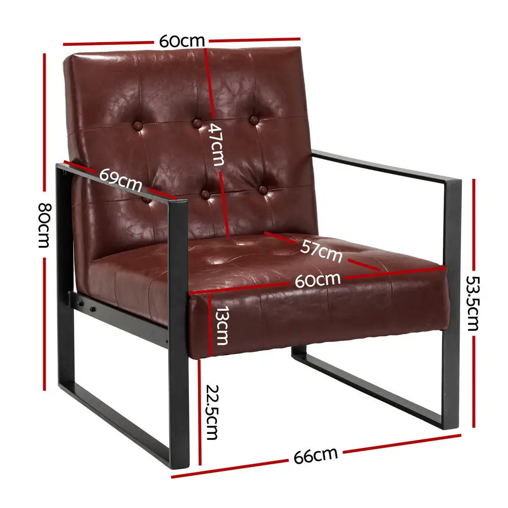 Artiss Armchair Lounge Chair Accent Chairs PU Leather Sofa Brown Metal Frame - Furniture > Bar Stools & Chairs > Arm