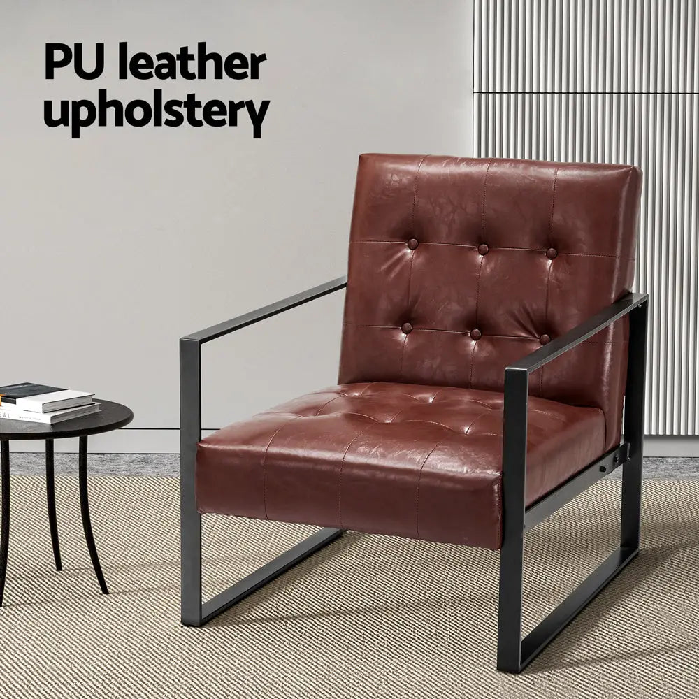 Artiss Armchair Lounge Chair Accent Chairs PU Leather Sofa Brown Metal Frame - Furniture > Bar Stools & Chairs > Arm