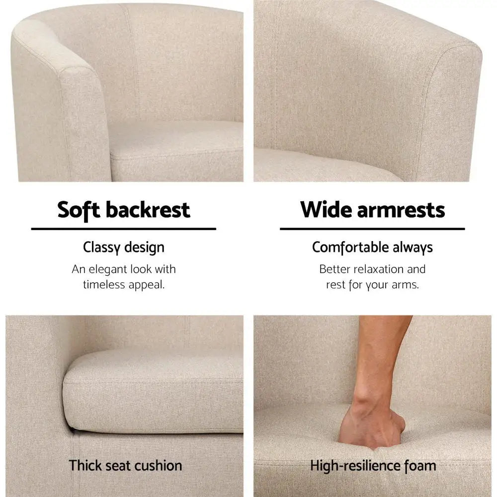 Artiss Armchair Lounge Chair Tub Accent Armchairs Fabric Sofa Chairs Beige - Furniture > Bar Stools & Chairs