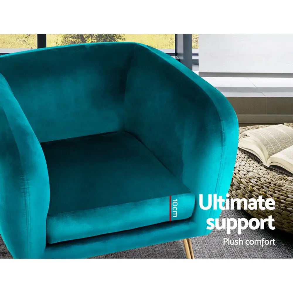 Artiss Armchair Lounge Sofa Arm Chair Accent Chairs Armchairs Couch Velvet Green - Furniture > Living Room