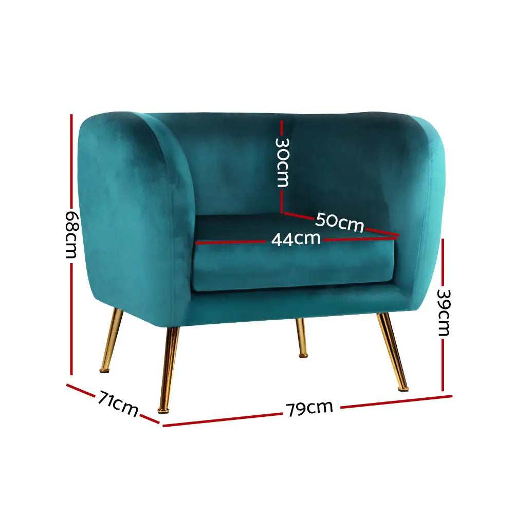 Artiss Armchair Lounge Sofa Arm Chair Accent Chairs Armchairs Couch Velvet Green - Furniture > Living Room