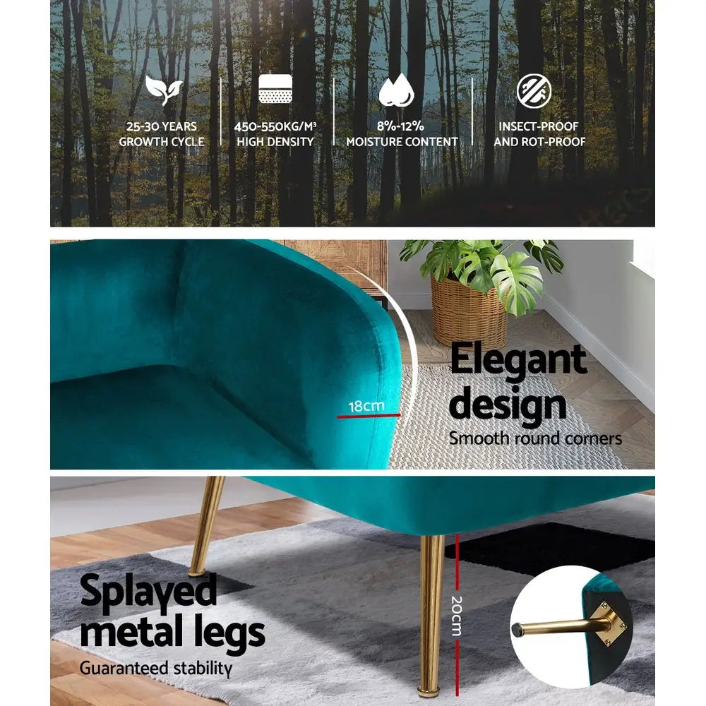 Artiss Armchair Lounge Sofa Arm Chair Accent Chairs Armchairs Couch Velvet Green - Furniture > Living Room