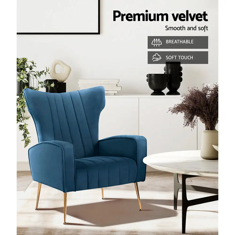 Artiss Armchair Navy Velvet Kate - Furniture > Living Room