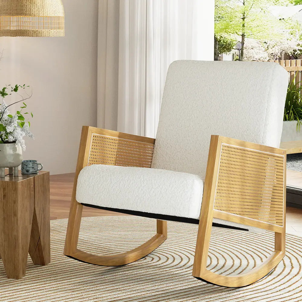 Artiss Armchair Rocking Chair Boucle Rattan White - Furniture > Bar Stools & Chairs > Arm Chairs & Recliners